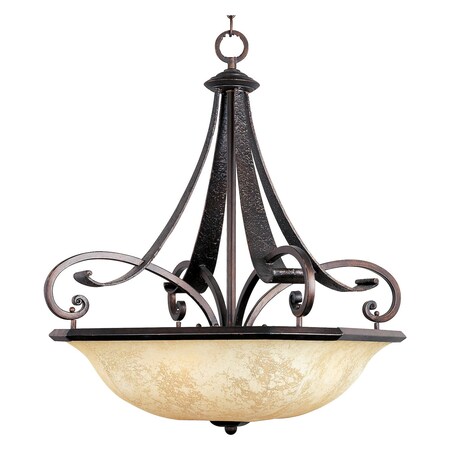 Maxim Four Light Frost Lichen Glass Rustic Burnished Up Pendant 21077FLRB
